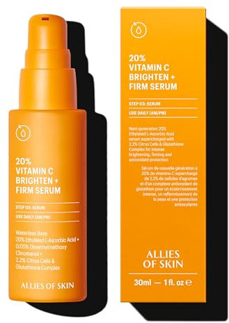 Allies of Skin 20% Vitamin C Brighten + Firm Serum: 20% Ethylated L-Ascorbic Acid + Orange Extract Complex with Glutathione. Waterless & Antioxidant. Firms & Intensely Brightens. 1 oz / 30 ml