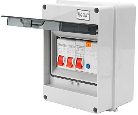 Consumer Unit Circuit Breaker Panel 2 Way IP65 Weatherproof Garage Consumer Unit with 40A 30mA RCD Leakage Protection for Garages Caravans Workshops 2 MCB 6A 16A