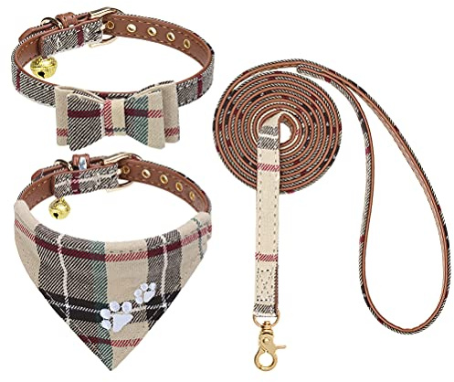 EXPAWLORER hundhalsband och koppel, set – klassiskt rutigt hundhalsband med fluga och tassavtryck, hundhalsband med söt klocka, inget trassel, justerbara halsband för valpar,