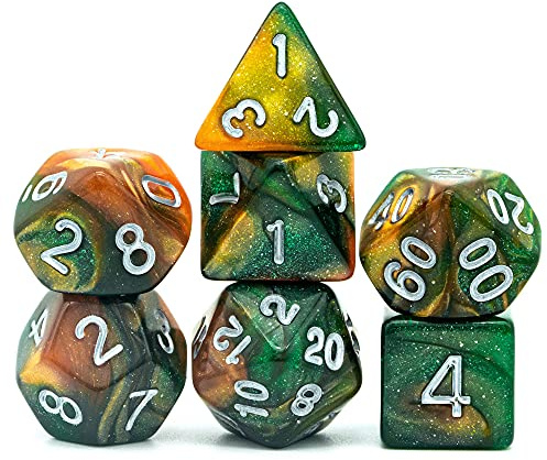 World of Dice Orion-Serie - Pen and Paper Würfel, 7-teiliges Würfelset, W20, W12, W10, W10.0, W8, W6, W4, Rollenspiel-Würfel, für Dungeons and Dragons und weitere RPG (grün-Gold)