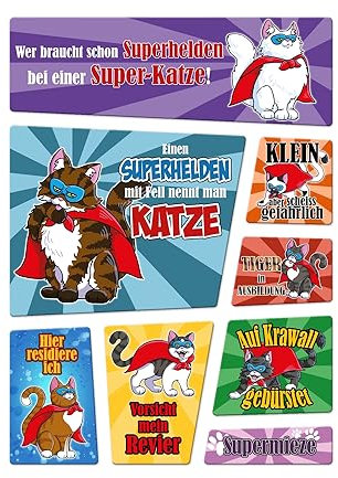 Superkatzen Kühlschrankmagnete im 8er-Set - Superhelden Katzen-Motiv und lustigen Sprüchen in Superheldenoptik als Geschenk für Katzenbesitzer die Denken ihre Katze sei EIN