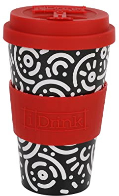 IDRINK®- Tazza in RPET per caffé con tappo in silicone apribile, facile da portare 435 ml, Mug takeaway plastica riciclata 8.7 x 8.7 x 15 cm ergonomica 435 ml (GEOMETRIC)