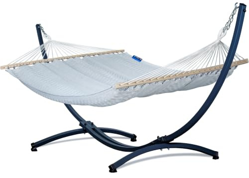 Potenza Outdoor Hängematte mit Gestell für 2 Personen I 100% Baumwolle Medelin Stabhängematte 215x140, 160kg I Hängemattengestell 220kg, wetterfest (Basic Gestell Graphit, Grau)