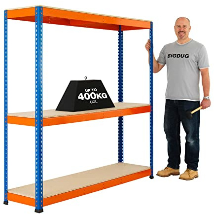 BiGDUG Heavy Duty Garage Shelving Unit – 3 Tier Industrial Racking – 167.7cm x 213.5cm x 61cm – 1200kg Capacity Per Bay – 400kg Per Shelf – Blue & Orange
