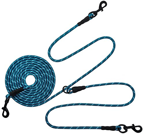BTINESFUL 12FT 20FT 30FT 50FT Reflective Dog Tie Out for 2 Dogs, No Tangle 1/3 Inch Nylon Rope Long Tether for Two Dogs, Dog Trolley Runner for Yard Outdoor Camping