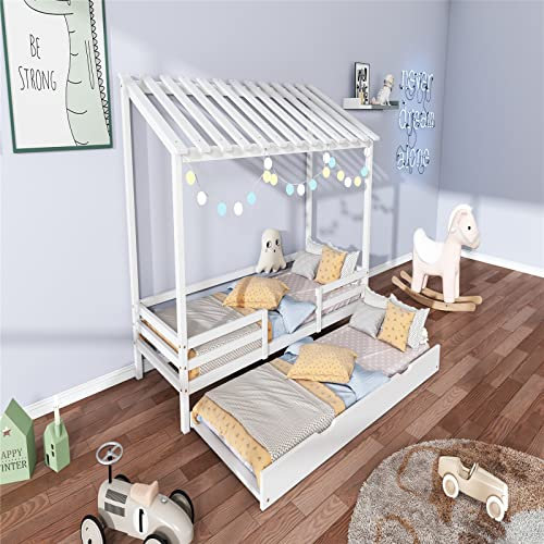 JINTAOMA Kinderbett, Hausbett 90x200cm mit Rausfallschutz, Jugendbett Massivholz in Weiß