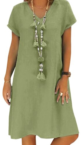 Tincini Robe pour Femme Robe d'été en Lin Robe décontractée à col en V Robe Midi à Manches Courtes Robe à Ligne en A Robe Tunique pour Le Soleil sans Accessoires(A Vert, M)