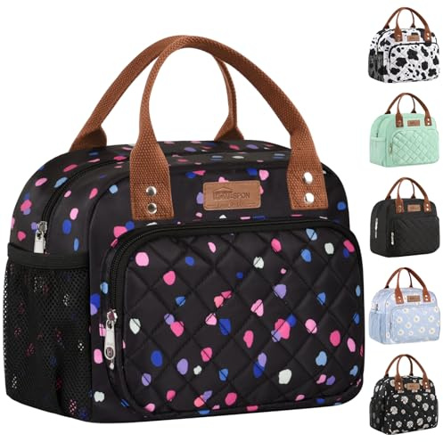 HOMESPON Isolierte Lunchtasche für Frauen Männer Arbeit Erwachsene Kühltasche Lunchbox Behälter (Bunte Punkte) | 3-lagige Isolierung, Kapazität für 12 Dosen, abwischbare Aluminiumfolie innen, weicher Canvas-Griff, für Arbeit und Picknick