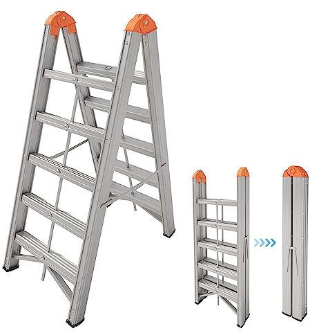 APARECIUM Aluminum Foldable Twin Front A Frame 5-Step Ladder with Wide Anti-Slip Pedal, Collapsible Compact Step Stool, Portable Lightweight, EN131, 330lb Capacity