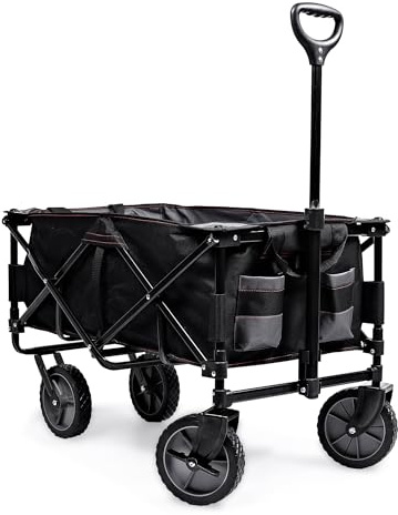 Black+Decker Bollerwagen BDCWBK01 (faltbar Handwagen, inkl. großes Klettverschlussfach & 2X kleine Außentasche, Vollgummi-Reifen, mit Feststellbremse, Verstellbarer Handgriff, bis 80 kg Tragkraft)