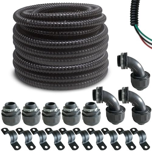 (1/2 Dia * 50 Feet) Yariwiz Black Special Extra Flexible Electrical Conduit Liquid Tight PVC Conduit Kit with 5 PCS Coupling, 3 PCS Elbow and 10 PCS Strap, Sealtight Seal Flex Liquidtight Wire