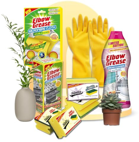 KITCHEN OVEN CLEANER BUNDLE (DELUXE) | Elbow Grease Oven Cleaning Kit 500ml, Cream Cleaner Pink 540g, Microfibre Cloth 1Pk, Handgrip Scourer 4Pk & Gloves (M) 1Pk