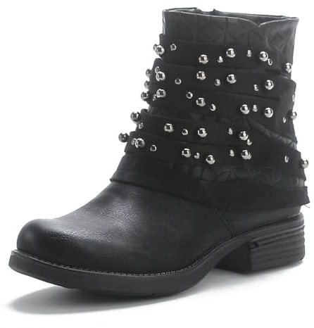 Pogolino Stivaletti da donna con borchie, stivali biker con cerniera, piatti e comodi ST016, 40 EU