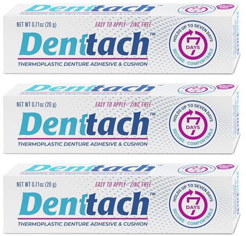 Denttach Denture Adhesive, Thermoplastic Denture Adhesive, Cushion and Reliner, Comfortable, Secure Denture Grip for Up to 7 Days, Non Glue, Zinc Free, Long Holding Denture Reliner (Pack of 3)