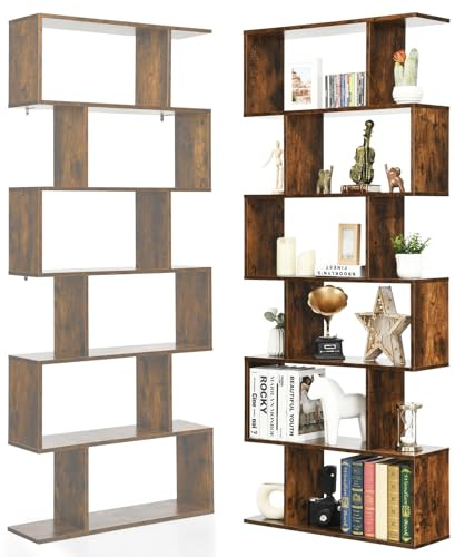 HOMASIS Stehendes Bücherregal mit 5/6 Ebenen, S-Form Standregal stilvoll, Aufbewahrungsregal Holz, multifunktionales Wandregal Raumteilerregal für Wohnzimmer, Büro & Arbeitzimmer (Braun, 6 Ebenen)