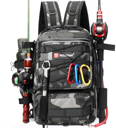 Luckits Angelrucksack, Angeltasche, Angelgerät Rucksack mit Rutenhalter, wasserdichte Angelgeräte Aufbewahrungstaschen, atmungsaktive Schultertasche, Wandern, Jagd, Camping, Outdoor Sport (Black)