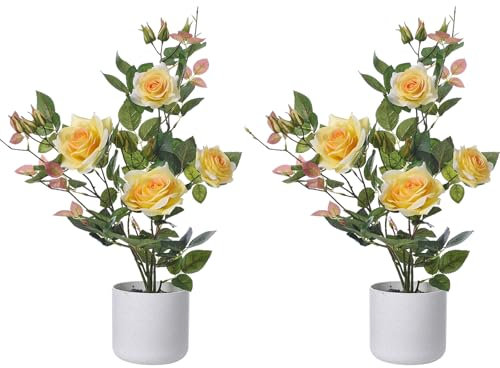 BTGGG 2 Pack Artificial Roses in Pot 50CM Yellow Artificial Flowers Silk Roses Lifelike Fake Faux Flowers with Pot for Spring Decoration Bouquets Table Centerpieces Dinning Room Kitchen Wedding Party