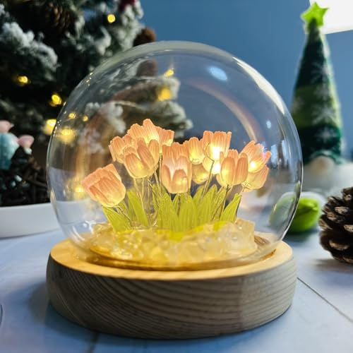 LOGAZOO Mothers Day Gifts for Mom – Tulip Lamp with Glass Dome, 20 LED Flower Night Light, Gift for Mom from Daughter Son, Birthday Christmas Holiday Gifts for Women, Bedroom Desk Decor