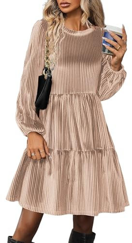 Zeagoo Femme Robes Casual Manches Lanterne Velours Robe Col Rond A Ligne Brillante Robe de Soirée Douce et Confortable d'hiver Robes Champagne M