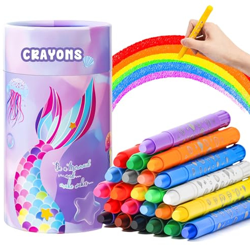JYPS Ceras de Colores para Niños, 24 Colores Brillantes y No-Tóxicos Ceras Set con Sirena Portalápices, Enroscable y Lavables Pinturas para Bebe 1-3 año, Material Escolar Regalos para Niños
