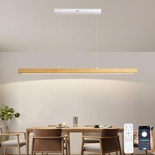 Pinrutar Lampe Suspension LED Bois Pour Table à Manger/Cuisine/Salle à Manger, Lampe Suspendue Dimmable Télécommande et App Control, Réglable Température de Couleur/Luminosité/Hauteur,L100CM/36W