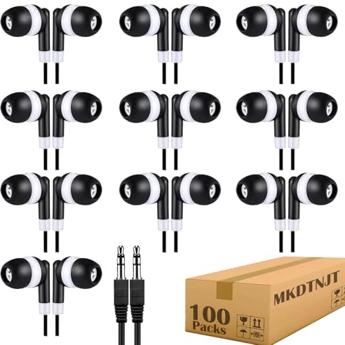 MKDTNJT Lot de 100 écouteurs intra-auriculaires filaires pour enfants, école, salle de classe, étudiants avec prise jack 3,5 mm pour ordinateur, Chromebook, ordinateur portable, PC (HTC101)