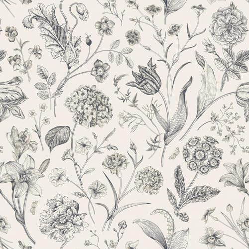 lenify Black and Beige Peel and Stick Wallpaper Botanical Contact Paper 16.9inch x 196.8nch Floral Wall Paper Peel and Stick for Bathroom Bedroom Removable Self Adhesive Wallpaper Decor Vinyl