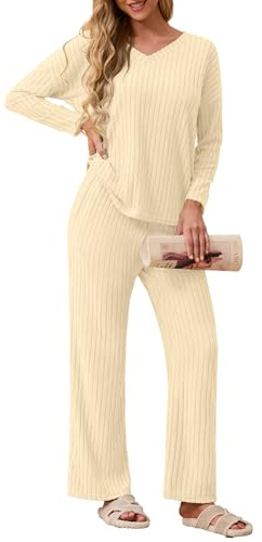 GRECERELLE Ensemble 2 pièces pour Femme Élégant Côtelé Vêtement d'intérieur Tenue d'automne Ensemble (Beige, M)