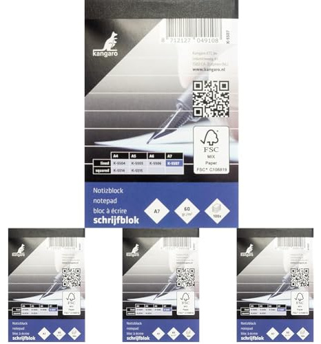 Kangaro Notizblock A7 liniert 60grs 100 Blatt K-5507 7x10.5x0.9 (Packung mit 4)