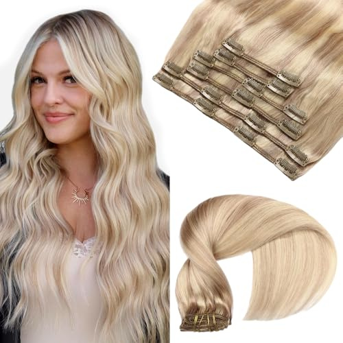 VINBAO Clip in Extensions Echthaar Dreckiges Blond Highlight Bleichblond Haar Extensions Clip Extension Echthaar Blond Doppelt Tressen Salon Qualität 22 Zoll 6Stück 120g (#18P613,55cm)