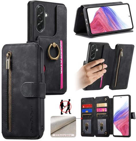 Trugox Zip Wallet Case for Samsung Galaxy A56 5G Phone Case with Ring Stand RFID Blocking Safe Card Holder Leather Purse Folio Book Folding Flip Case Cover Women Men - Black