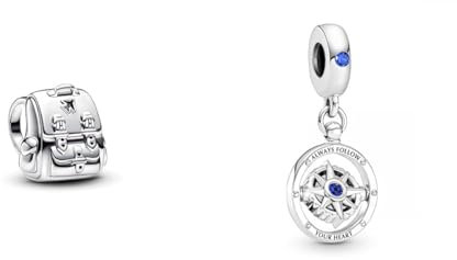 PANDORA Moments Abenteuer-Rucksack Charm aus Sterling Silber, Kompatibel Moments Armbändern, 793351C00 Charm Anhänger Kompass Silber, Kristall blau 790099C01