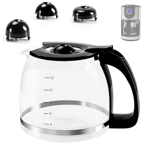 12-Cup Glass Carafe Replacement Pot for Mr Coffee, Black & Decker, Hamilton Beach, KitchenAid, Universal Coffee Maker Carafe Pot 12 Cup- 1.8L Coffee Pot with Handle & 3 Snap-On Caps in Different Sizes