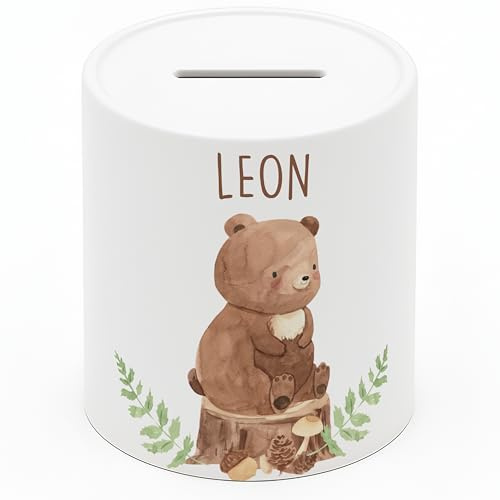 Personalisierte Spardose Kinder mit Namen – Keramik Sparschwein als Taufgeschenk, Geburtstagsgeschenk & Einschulungsgeschenk – Spardose Mädchen & Jungen, Geschenke zur Taufe - Bär-Wald (8x9,5 cm)