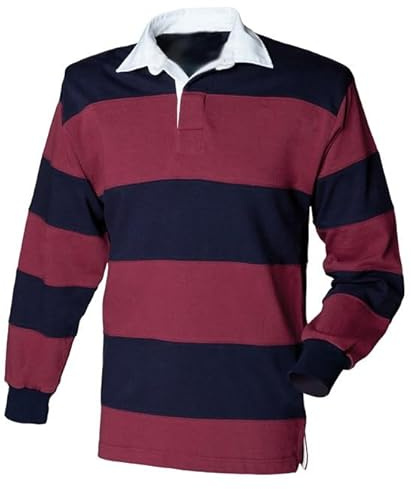 COOZO Men's Regular Fit Heavyweight Sewn Stripe Rugby Shirt - Burgundy/Navy - XL