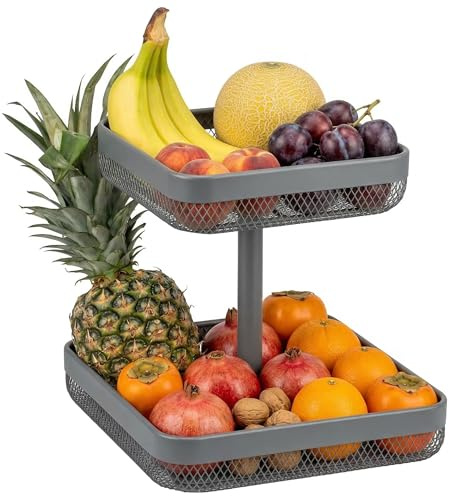 eluno 2-vånings fyrkantig fruktskål / brödkorg, 25 × 25 cm och 30 × 30 cm, fruktskål, för frukt, grönsaker, bröd och snacks i kök och vardagsrum, i metall, grå