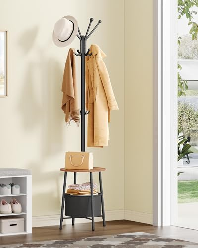 Hzuaneri Garderobenständer, Freistehende Kleiderständer mit Großer Aufbewahrungskorb, Garderobe mit 1 Ablagen, 12 Haken, 182 cm Hoch, für Eingangsbereich, Schlafzimmer, Vintagebraun-Schwarz CR62601B
