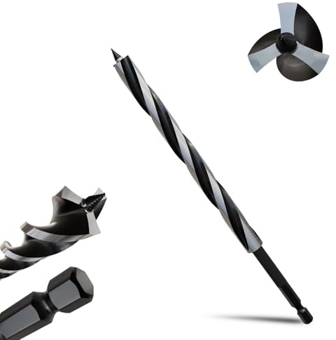 METOTY 15mmx230mm Auger Drill Bit Extra Long Drill Bits，6.35mm Hex Shank for Wood with Quick Change - 3-Cutter Design with Dual-Flute for Fast Chip Removal, Fits Hardwood, Softwood, PVC, Drywall