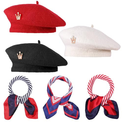 Angirlish 9Pcs French Beret and Silky Scarf Set with Brooch | Solid Color Hats for Women French Themed Party Casual Daily Wear Vintage Parisian Style Accessory Gift