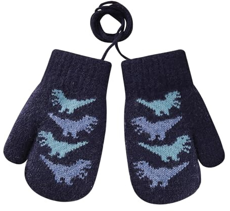 FakeFace Niedliche Baby Fäustlinge Dinosaurier Handschuhe Jungen Mädchen mit Schnur Doppelte Winter Kinderhandschuhe Wärme Fleecefutter Strickhandschuhe Skihandschuhe für 0-3 Jahre Kleinkind