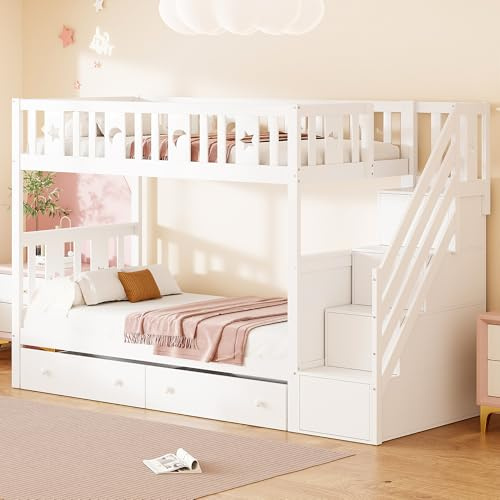 BXEYXE Cama infantil de 90 x 200/90 x 200 cm, litera de madera maciza con escalera de seguridad, escalera de almacenamiento, dos cajones grandes y somier, color blanco