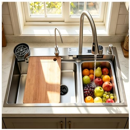 Fregadero en Cascada 1 Seno Grande 85x50cm Plata, Fregadero Moderno Cocina Multifuncional, Fregadero de Acero Inoxidable Cepillado, Juego de Fregadero de Cocina, Incluye Todos Los Accesorios