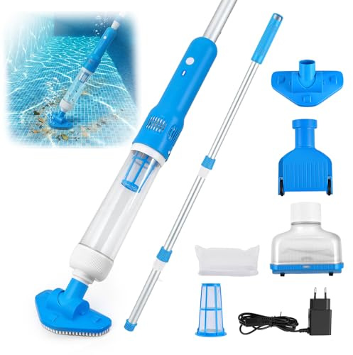 Aspirapolvere piscina 3 in 1, Aspiratore Piscina asta Telescopica, 70 min Autonomia, Aspirapolvere per Piscina Manuale per Piccolo Pool, Spa, Idromassaggio