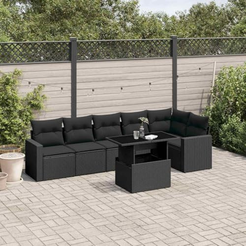 FWIKDUN 7-TLG. modulare Gartenmöbel Sitzgruppe aus PE Rattan in Schwarz mit verstellbarem Gartentisch Couchtisch Esstisch und Gartensessel mit abnehmbaren Kissenbezügen