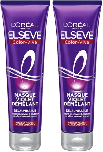 L'Oréal Paris - Masque Violet Démêlant Déjaunisseur - Pour Cheveux Méchés, Blonds ou Blancs - Neutralisation des Reflets Jaunes & Orangés - Elseve Color-Vive - 150 ml (Lot de 2)
