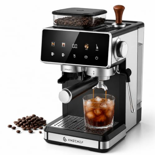 AMZCHEF Cafetera Espresso con Molinillo, 20 bares, Cold Brew | 20 niveles de molienda, 1350W, extracción ajustable y función descalcificante para Espresso.