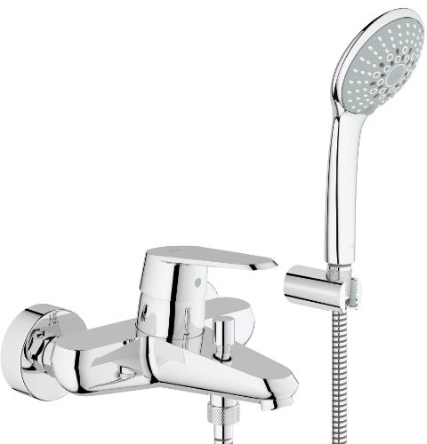Grohe Eurodisc C Einhand-Wannenbatterie mit passendem Handbrause-Wandhalterset 33395002 Silber