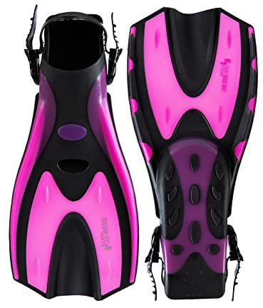 Two Bare Feet Adjustable Diving Fins – Swim, Snorkel & Scuba Fins for Adults – Full Foot Flippers with Easy Strap – Ideal for Holidays, Pool, Sea & Water Sports (F70 Pink, S / M (UK 4.5 - 8.5))