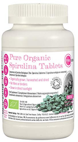 PINK SUN Organic Spirulina Tablets 300 x 500mg Tabs Gluten Free Non GMO Suitable for Vegetarians and Vegans Certified Organic by The Soil Association 150g