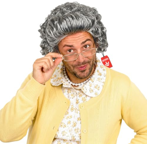 Fun Shack Mormor Peruk och Glasögon - Grå Lockig Tant Peruk Maskeradkläder Accessoar, En storlek